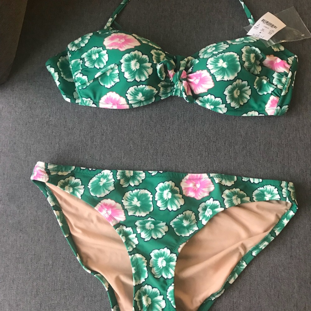 NWT J Crew Emerald Pink Tie Front Bandeau Bikini